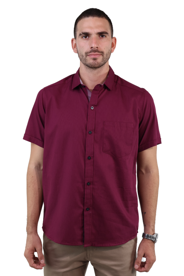 Camisa Rojo Vino Manga Corta De Algodón Slim Fit Con Bolsa Para Caballero